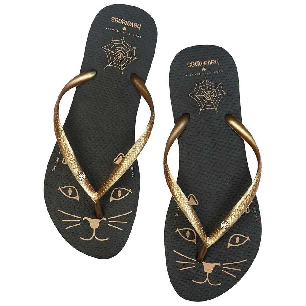 NWT Charlotte Olympia X Havaianas Kitty Cat Face Thong Flip Flop Sandal Black 11